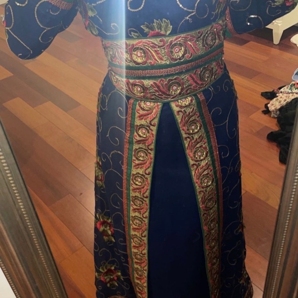 Elegant Blue and Gold Embroidered Dress